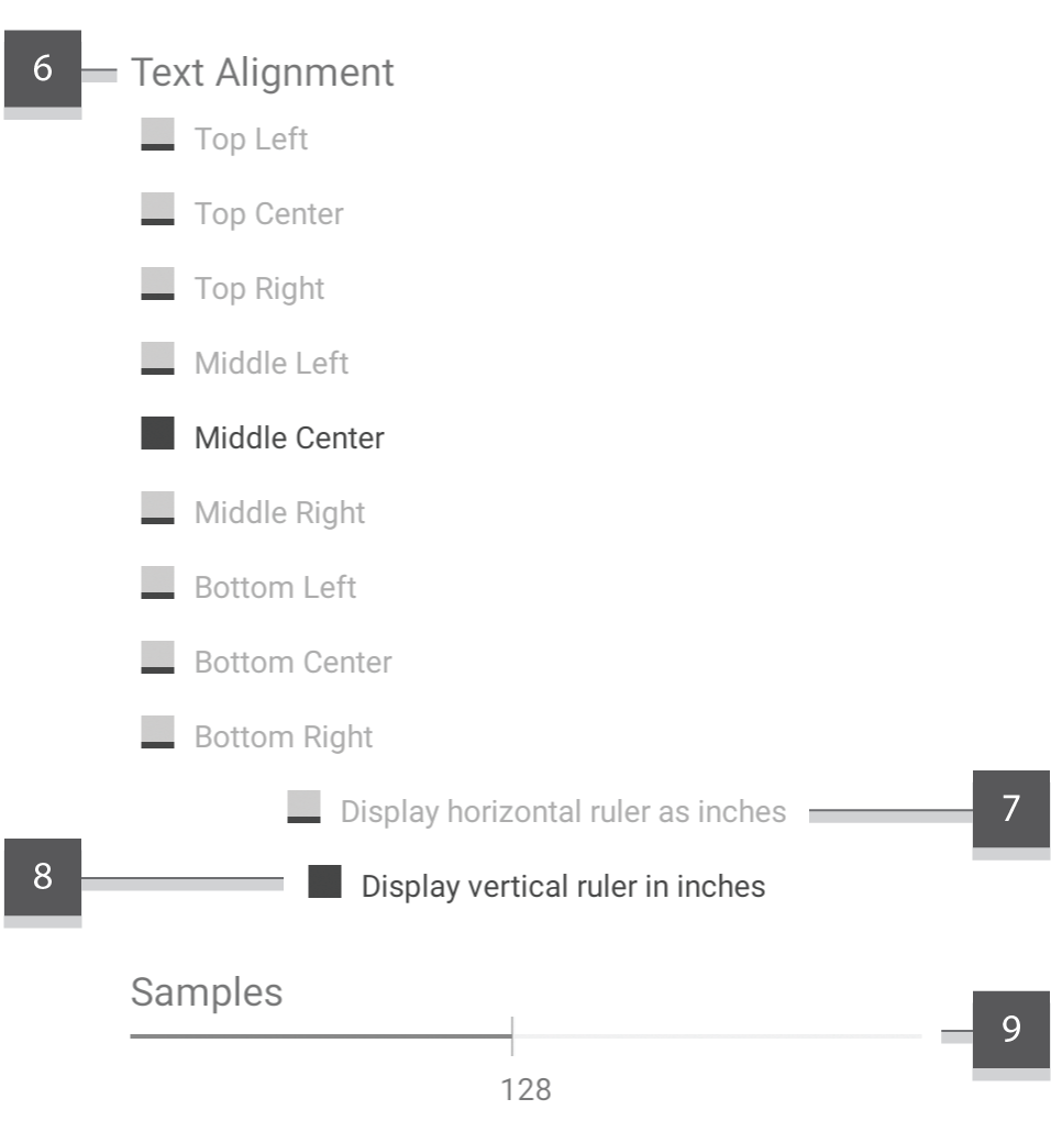 Image displaying the settings of the application with numeric annotations